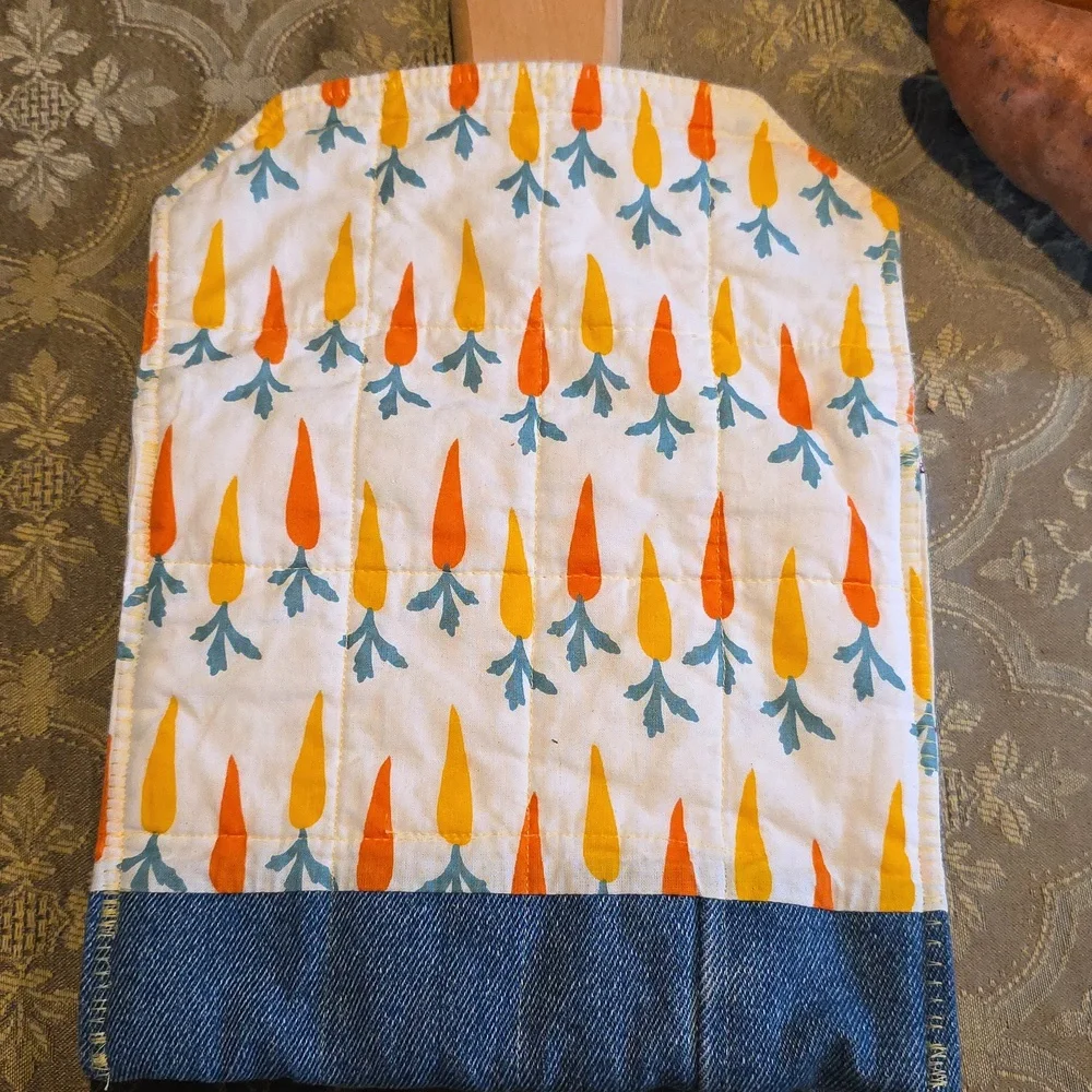 HAND CRAFTED Potato Pouch Microwave UPCYCLED Blue Denim Cotton Carrots 8.5 Inch